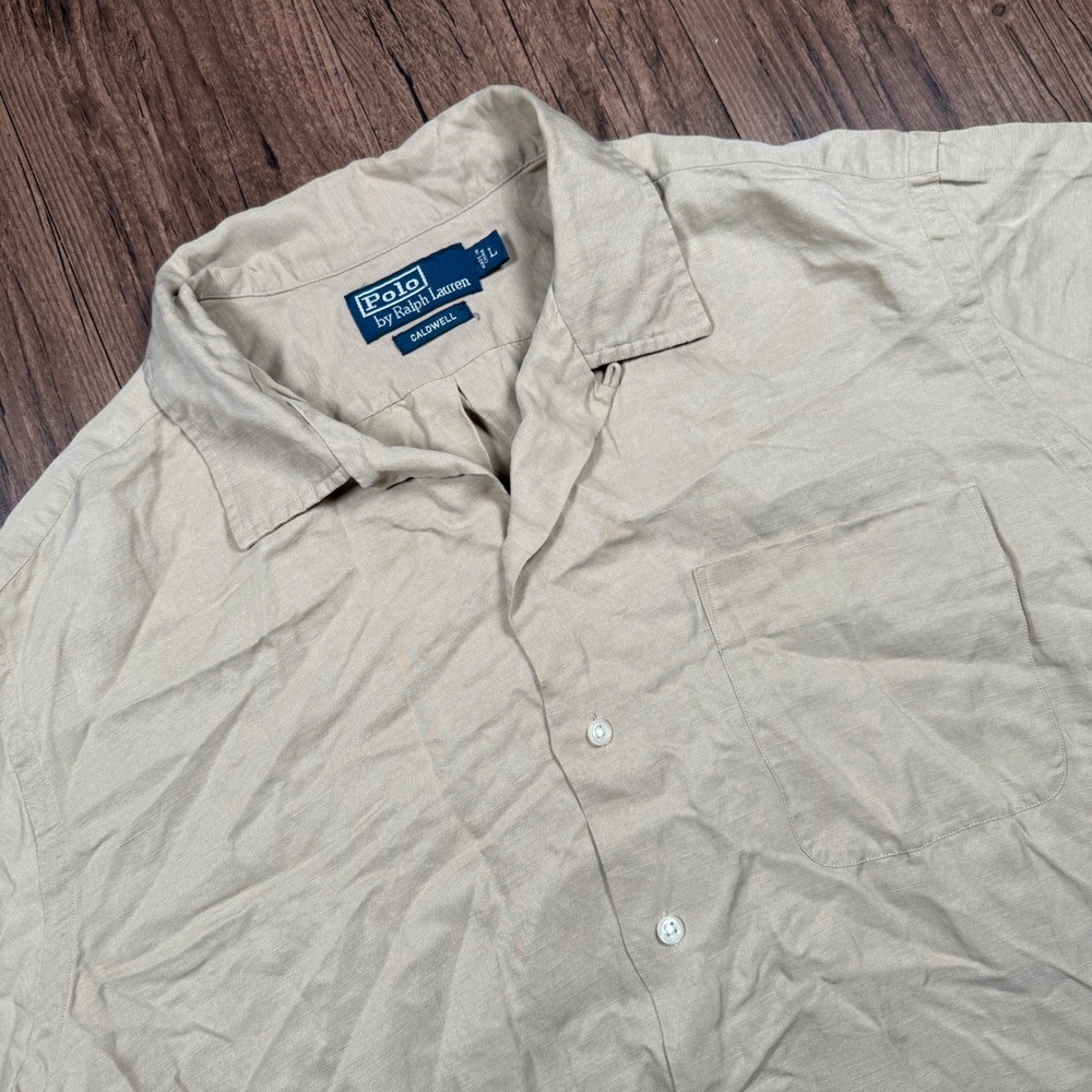 Vtg Polo Ralph Lauren Caldwell Camp Shirt Mens L Tan Silk Linen Loop Collar 90s